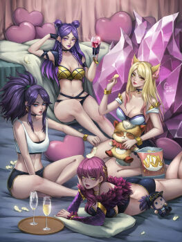 1boy 4girls absurdres ahri_(league_of_legends) akali animal_ears ass bare_shoulders black_choker black_panties black_shorts blonde_hair breasts choker cleavage closed_mouth collarbone commentary_request doll double_bun earrings evelynn_(league_of_legends) fingerless_gloves food fox_ears fox_tail fur_trim glass gloves gzi_(shiba-ko) hair_bun heart heart-shaped_pillow highres holding jewelry k/da_(league_of_legends) k/da_ahri k/da_akali k/da_evelynn k/da_kai'sa kai'sa large_breasts league_of_legends long_hair lying multiple_girls multiple_tails navel on_stomach panties pillow ponytail shorts sitting smile tail teemo underwear yordle
