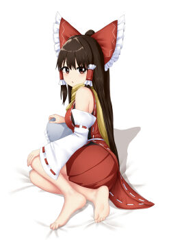 1girl ascot barefoot bow brown_eyes brown_hair commentary detached_sleeves doge_(jkdoge) frilled_bow frilled_hair_tubes frills hair_bow hair_tubes hakurei_reimu highres long_hair looking_at_viewer open_mouth red_bow red_skirt ribbon-trimmed_sleeves ribbon_trim scarf skirt skirt_set solo toes touhou variant_set yellow_ascot yellow_scarf