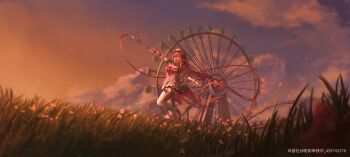 Rule 34 | 1girl, absurdres, beret, breasts, chinese commentary, commentary request, diamond-shaped pupils, diamond (shape), dress, elf, elysia (hi love elf) (honkai impact), elysia (honkai impact), ferris wheel, gloves, grass, hat, highres, holding ribbon baton, honkai (series), honkai impact 3rd, large breasts, long hair, miyoushe watermark, multicolored hair, open mouth, outdoors, pink hair, pointy ears, purple hair, qiu autumn zhu, scenery, sky, smile, solo, symbol-shaped pupils, thighhighs, two-tone hair, very long hair, watermark, white dress, white gloves, white hair, white thighhighs