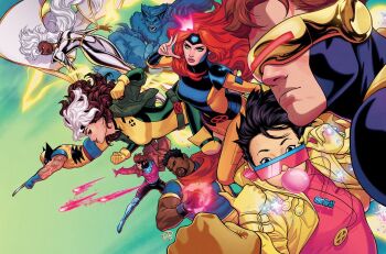 adjusting_eyewear arm_hair armor beast_(x-men) bishop_(x-men) black_facial_hair black_gloves black_hair blue_bodysuit blue_fur bodysuit brown_hair cape chewing_gum claws comic_cover commentary cowl curly_hair cyclops_(x-men) dark-skinned_female dark-skinned_male dark_skin earrings english_commentary facial_hair gambit gloves green_background green_bodysuit green_eyes green_jacket grey_bodysuit jacket jean_grey jewelry jubilee long_hair looking_ahead looking_at_viewer marvel mask multicolored_bodysuit multicolored_hair muscular muscular_male necklace official_art opaque_sunglasses orange_hair pink-tinted_eyewear pink_armor pink_shirt pointing_with_thumb red-tinted_eyewear red_hair rogue_(x-men) russell_dauterman scott_summers shirt storm_(x-men) superhero_costume tinted_eyewear white_cape white_hair wolverine_(x-men) x-men x-men:_the_animated_series yellow_bodysuit yellow_gloves yellow_jacket