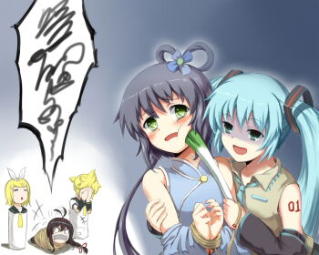 Rule 34 | 1boy, 4girls, black jelly, blonde hair, brown hair, detached sleeves, food, gag, green eyes, green hair, hatsune miku, holding, holding food, holding spring onion, holding vegetable, improvised gag, kagamine len, kagamine rin, kidnapping, luo tianyi, multiple girls, restrained, spring onion, tape, tape gag, twintails, vegetable, vocaloid, yuezheng ling