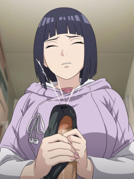 1girl absurdres black_hair black_panties blunt_bangs bob_cut boruto:_naruto_next_generations breasts censored closed_eyes commentary_request commission cum cum_in_clothes cum_through_clothes ejaculation erection handjob highres huge_breasts hyuuga_hinata jacket medium_hair mosaic_censoring naruto_(series) official_style panties panties_on_penis penis pixiv_commission purple_jacket salmon_knight two-handed_handjob underwear unworn_panties upper_body variant_set