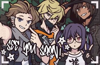 1girl 3boys adjusting_clothes adjusting_headwear animated animated_png baseball_cap black_coat black_vest blonde_hair blue_eyes brown_eyes clothes_writing coat dark-skinned_male dark_skin english_text eyebrows face_mask facial_mark facial_mark fingerless_gloves furesawa_tosai glasses gloves grin hand_on_headwear hat hood hood_up hoodie jewelry kanade_rindo long_hair mask mask_pull minamimoto_sho mouth_mask multicolored_hair multiple_boys necklace open_mouth orange_eyes orange_hoodie pointing pointing_at_self purple_hair round_eyewear scarf shin_subarashiki_kono_sekai shirt smile streaked_hair subarashiki_kono_sekai taking_picture two-tone_hair undercut upper_body usui_nagi v vest whisker_markings white_shirt
