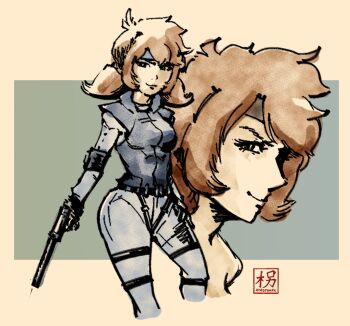 Rule 34 | 2girls, armband, blu rivers (hirotonfa), breasts, character request, cosplay, fluffy hair, gloves, green eyes, gun, handgun, headband, highres, hirotonfa, holding, holding gun, holding weapon, long sleeves, looking at viewer, medium breasts, meryl silverburgh, metal gear (series), multiple girls, original, painting (medium), red hair, short twintails, simple background, smile, sneaking suit, solid snake, solid snake (cosplay), strap, traditional media, twintails, watercolor (medium), watermark, weapon
