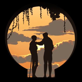 arcane:_league_of_legends arcane_jayce boots cane cloud cloudy_sky dark_foreground from_behind full_body grass hand_on_another's_shoulder highres idutudu jayce_(league_of_legends) league_of_legends looking_at_another plant short_hair silhouette sky standing sunrise viktor_(arcane) viktor_(league_of_legends) vines