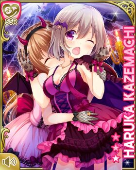 2girls :o bat_(animal) bat_hair_ornament bat_wings black_gloves black_thighhighs blush bow bow_gloves brown_hair candle character_name character_request closed_eyes closed_mouth demon_horns dress fake_horns fake_wings fang fire framed girlfriend_(kari) gloves hair_between_eyes hair_ornament halloween halloween_costume heart horns jack-o&#039;-lantern jewelry kazemachi_haruka looking_at_viewer multiple_girls necklace official_art one_eye_closed open_mouth outdoors pink_eyes purple_bow purple_dress purple_neckwear qp:flapper short_hair side_ahoge silk smile solo spider_web star_(symbol) striped_clothes striped_thighhighs tagme tail thighhighs vampire wings