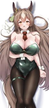 1girl absurdres animal_ears bare_shoulders between_breasts blush braid breasts brown_eyes brown_hair brown_pantyhose cleavage collarbone commentary_request covered_navel detached_collar double-parted_bangs ear_ornament green_leotard hair_between_eyes half_up_braid highres horse_ears horse_girl horse_tail incredibly_absurdres large_breasts leotard long_hair looking_at_viewer multicolored_hair necktie necktie_between_breasts open_mouth p1_fcoyaa pantyhose playboy_bunny red_necktie satono_diamond_(umamusume) smile solo streaked_hair tail thigh_strap umamusume very_long_hair white_wrist_cuffs wrist_cuffs