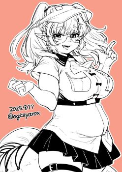 1girl arknights breasts dated glasses greyscale_with_colored_background large_breasts long_hair oga_(ogw175) open_mouth orange_background plump pointy_ears reptile_girl round_eyewear semi-rimless_eyewear simple_background skirt snake_girl snake_tail solo tail thick_tail twitter_username under-rim_eyewear visor_cap wulfenite_(arknights)