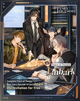 Rule 34 | 4boys, arms behind head, arms up, artem wing (tears of themis), black hair, black jacket, black necktie, black pants, black shirt, black vest, brown eyes, brown hair, character name, collared shirt, commentary, copyright name, diagonal-striped clothes, diagonal-striped necktie, dress shirt, english commentary, english text, formal clothes, green jacket, grey eyes, grey hair, hair between eyes, highres, indoors, jacket, luke pearce (tears of themis), male focus, marius von hagen (tears of themis), multiple boys, necktie, official art, open clothes, open jacket, pants, pinstripe jacket, pinstripe pants, pinstripe pattern, pinstripe suit, purple eyes, red eyes, shirt, sitting, smile, striped clothes, suit, tears of themis, v-shaped eyebrows, vest, vyn richter (tears of themis), watch, white shirt, wristwatch, yellow shirt