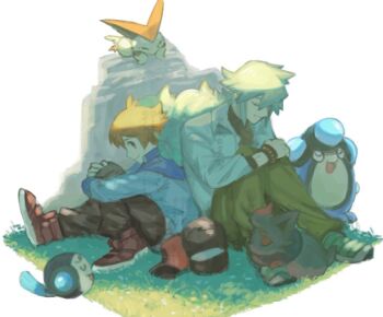 2boys baseball_cap black_pants blue_jacket bracelet brown_hair brown_pants closed_eyes collared_jacket commentary gen_5_pokemon grass green_hair hat hilbert_(pokemon) hugging_own_legs jacket jewelry legendary_pokemon long_hair looking_back male_focus multiple_boys mythical_pokemon n_(pokemon) nintendo open_clothes open_shirt outdoors palpitoad pants parted_bangs pokemon pokemon_(creature) pokemon_bw ponytail popped_collar red_hat red_shoes shirt shoes sitting smile symbol-only_commentary tftf649e tympole unworn_headwear victini white_shirt zorua