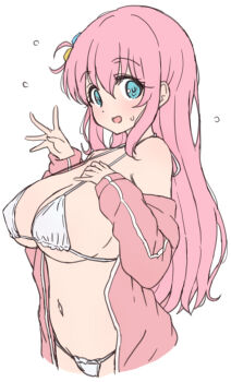 1girl bikini blue_eyes bocchi_the_rock! breasts commentary cube_hair_ornament gotoh_hitori hair_between_eyes hair_ornament highres jacket large_breasts looking_at_viewer mel_(melty_pot) one_side_up open_clothes open_jacket open_mouth pink_hair pink_jacket simple_background solo swimsuit white_background white_bikini