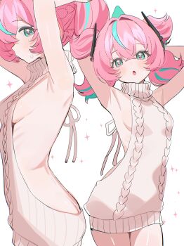 1girl absurdres alternate_costume aqua_eyes aqua_streaks aria_(human)_(zenless_zone_zero) aria_(zenless_zone_zero) ass back backless_dress backless_outfit bare_back breasts butt_crack dress grey_sweater highres multicolored_hair naked_sweater open_mouth pink_hair pink_pupils ribbed_sweater shusuchii sideboob simple_background sleeveless sleeveless_sweater sleeveless_turtleneck small_breasts solo streaked_hair sweater sweater_dress turtleneck turtleneck_sweater virgin_killer_sweater white_background zenless_zone_zero