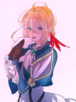 1girl ascot blonde_hair blue_eyes blue_jacket braid brooch brown_gloves cropped_jacket dress gem gloves green_gemstone hair_between_eyes hair_intakes hair_ribbon half_crown_braid highres jacket jewelry juliet_sleeves lips long_sleeves looking_at_viewer mika_yamamori official_style puffy_sleeves red_lips red_ribbon ribbon simple_background solo upper_body violet_evergarden violet_evergarden_(series) white_ascot white_background white_dress