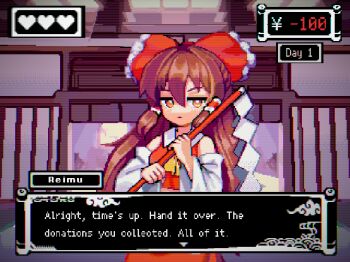 1girl architecture bare_shoulders bow brown_eyes brown_hair character_name closed_mouth commentary detached_sleeves east_asian_architecture english_commentary english_text fake_screenshot gohei hair_bow hakurei_reimu heart highres holding holding_gohei long_hair nontraditional_miko pixel_art pov red_bow scanlines touhou uni_draws user_interface very_long_hair video_game_dialogue_box wide_sleeves yen_sign
