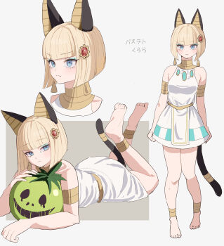 1girl absurdres ancient_egyptian_clothes animal_ears barefoot blonde_hair blue_eyes blue_eyeshadow cat_ears cat_tail commentary_request cropped_shoulders dress earrings eyeshadow feet_up gem gem_hair_ornament hair_ornament highres holding holding_mask jewelry looking_at_viewer lying makeup mask multiple_views on_stomach oosuzuki_kurara pakimoti red_gemstone short_hair simple_background standing tail the_hundred_line_-last_defense_academy- translation_request unworn_mask usekh_collar white_background white_dress