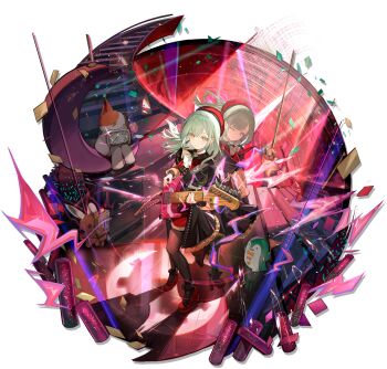 2girls amplifier arknights ascot bang_dream! bang_dream!_it&#039;s_mygo!!!!! beret black_capelet black_pantyhose black_skirt black_socks brooch capelet closed_mouth confetti dual_persona electric_guitar floating_hair full_body glowstick green_hair guitar guitar_strap hat high_heels highres holding holding_guitar holding_instrument holding_plectrum instrument jewelry long_hair looking_at_viewer mortis_(bang_dream!) mortis_(costume)_(bang_dream!) mortis_(persona)_(bang_dream!) multiple_girls official_art one_eye_closed pantyhose pantyhose_under_shorts penlight_(glowstick) plectrum red_hat red_shoes red_shorts schecter_guitar shoes shorts showgirl_skirt skirt socks stairs stuffed_animal stuffed_cat stuffed_penguin stuffed_rabbit stuffed_toy teddy_bear third-party_source wakaba_mutsumi wenquangua white_ascot