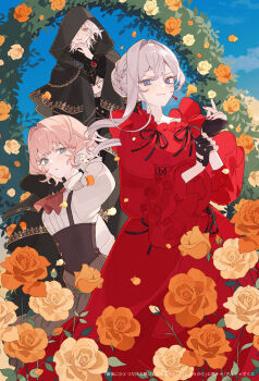 1boy 2girls black_gloves black_hood black_overalls black_ribbon blue_eyes braid braided_bun character_request closed_mouth dress earrings fingerless_gloves flower flower_request gloves hair_bun hand_on_own_chin hand_up hands_up highres jewelry long_hair long_sleeves multiple_girls official_art orange_flower overalls pink_hair red_dress ribbon saigo_ni_hitotsu_dake_onegai_shite_mo_yoroshii_deshou_ka satsuki_(miicat) scarlet_el_vandimion serious shirt short_hair smile terenezza_hopkins very_long_hair white_hair white_shirt yellow_eyes