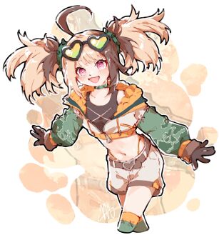 1girl ahoge black_gloves black_pantyhose black_tank_top blonde_hair brown_hair closed_mouth commentary cropped_jacket cropped_legs english_commentary eyewear_on_head gigi_murin gigi_murin_(chatacabra) gloves green_sleeves green_thighhighs heart heart-shaped_eyewear highleg highleg_panties highres hololive hololive_english jacket long_hair long_sleeves ma_draws midriff multicolored_hair navel official_alternate_costume official_alternate_hairstyle open_mouth orange_panties panties panty_straps pantyhose partially_unzipped pink_eyes short_shorts shorts solo tank_top thighhighs twintails two-tone_hair underwear virtual_youtuber white_jacket white_shorts