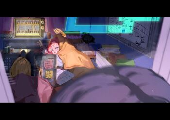 3girls absurdres animal_ear_headphones animal_ears aris_(blue_archive) black_hair blonde_hair blue_archive blue_halo can cat_ear_headphones cat_ears commentary_request drink_can facing_away fake_animal_ears fanta from_behind halo hand_up headphones highres indoors jacket letterboxed midori_(blue_archive) minibi_(minibeat) monitor multiple_girls one_eye_closed pink_hair purple_eyes sticky_note under_covers white_jacket whiteboard yuzu_(blue_archive)