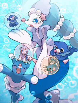 1girl :d air_bubble animal_hands bad_tag black_eyes blue_background blue_eyes blue_fur blue_hair bright_pupils brionne bubble character_doll colored_eyelashes doll evolutionary_line fang fangs full_body furry furry_female gem gen_7_pokemon hair_ornament highres long_hair looking_at_object looking_at_viewer mermaid monster_girl multi-tied_hair nintendo open_mouth pearl_(gemstone) pearl_hair_ornament pokemon pokemon_(creature) popplio primarina sea_lion simple_background smile snout sstoh starfish_hair_ornament underwater white_fur white_pupils