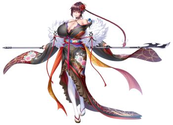 1girl alternate_costume aoi_nagisa_(metalder) breasts breasts_squeezed_together choker embarrassed female_focus flower flower_on_head full_body grabbing_from_behind highres hug huge_breasts japanese_clothes kimono lilith-soft long_hair mature_female mizuki_shiranui naginata official_alternate_costume official_art polearm purple_eyes red_eyes smile socks solo spear taimanin_(series) taimanin_rpgx transparent_background very_long_hair weapon wide_hips