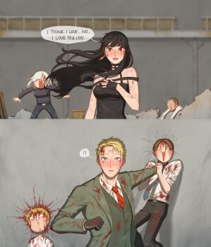 1boy 3boys absurdres bare_shoulders black_dress black_hair bleeding blonde_hair blood blood_from_mouth blood_in_hair blood_on_clothes blood_on_face blood_on_hands blood_splatter blush breasts djosephinelee dress earrings fiona_frost gold_earrings highres injury jewelry large_breasts long_hair long_sleeves looking_at_viewer male_focus multiple_boys open_mouth red_eyes shirt short_hair sidelocks smile spy_x_family twilight_(spy_x_family) two-sided_dress two-sided_fabric yor_briar