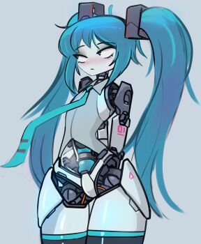 1girl absurdres ahoge android aqua_hair aqua_necktie aqua_pupils arms_behind_back black_eyes collared_shirt colored_skin grey_background hair_ornament hatsune_miku highres joints light_blush long_hair looking_to_the_side mechanical_arms mechanical_legs mechanization necktie nradiowave see-through_body shirt sidelocks simple_background solo standing thighs twintails vocaloid