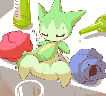 1girl anus blue_flower blue_rose bottle closed_eyes colored_skin crepix cup drinking_glass female_focus flower full_body gen_3_pokemon green_skin japanese_text large_variant_set leaning_back monster_girl nintendo no_feet plant_girl pokemon pokemon_(creature) puff_of_air pussy red_flower red_rose rose roselia_(pokemon) sitting solo spread_legs sweat translation_request u_u uncensored variant_set