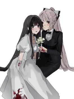 Rule 34 | 2girls, alternate costume, black bow, black bowtie, black eyes, black hair, black jacket, black pants, black vest, blood, blood on clothes, blood on hands, blush, bow, bowtie, bridal veil, bride, commentary request, couple, crossdressing, crossdressing (ftm), dress, elbow gloves, embarrassed, flower, fujiwara no mokou, gloves, groom, hair bow, highres, hime cut, holding, holding flower, houraisan kaguya, jacket, jyazo pic, long hair, looking at viewer, multiple girls, pants, red eyes, shirt, sidelocks, sitting, smile, tongue, tongue out, touhou, veil, very long hair, vest, wedding dress, white background, white dress, white gloves, white hair, white shirt, wife and wife, yuri