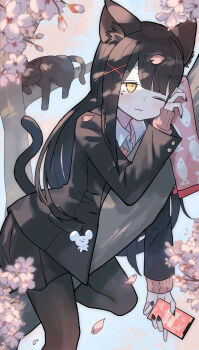 1girl absurdres animal animal_ears black_cat black_hair black_jacket black_pantyhose black_skirt branch cat cat_ears cat_girl cat_tail cellphone cherry_blossoms highres holding holding_phone jacket katsu_(katsupainter) kuroneko-chan_(katsu) long_hair lying_on_branch one_eye_closed original pantyhose petals phone school_uniform skirt smartphone solo tail tree yellow_eyes