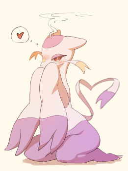 Rule 34 | gen 5 pokemon, grey fur, heart, heart tail, highres, kneeling, looking at viewer, mienshao, nintendo, pokemon, pokemon (creature), purple fur, red eyes, rokroc205, simple background, solo, speech bubble, steam, tail, thought bubble, two-tone fur, white background