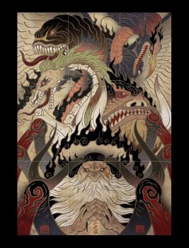 5boys alternate_form arthropod_boy bakotsu_(youkai) beard bird black_fire boar chien_chih_kang claws ethan-baron_v._nusjuro facial_hair fine_art_parody fire hagoromo horns horse itsumade_(youkai) jaygarcia_saturn long_beard long_hair male_focus marcus_mars monster_boy multiple_boys mustache nihonga no_humans old old_man one_piece open_mouth own_hands_together parody red_eyes scar scar_across_eye scar_on_face sharp_teeth shawl shepherd_ju_peter skeleton spider_boy teeth topman_warcury tusks ukiyo-e ushi-oni_(youkai) white_hair worm