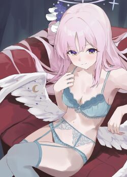 1girl absurdres angel_wings aqua_bra aqua_garter_belt aqua_garter_straps aqua_thighhighs blue_archive bra breasts cleavage closed_mouth commentary crescent evening_rabbit feathered_wings flower hair_bun hair_flower hair_flowing_over hair_ornament hair_ribbon halo highres indoors lingerie long_hair low_wings mika_(blue_archive) multicolored_eyes navel pink_hair pink_halo purple_eyes purple_flower ribbon single_side_bun sitting solo stomach thighhighs thighs two-tone_eyes underwear white_ribbon white_wings wings yellow_eyes