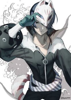 Rule 34 | 1boy, absurdres, belt, black jacket, black pants, blue belt, blue eyes, blue gloves, blue hair, closed mouth, collarbone, commentary request, cowboy shot, fox (persona 5), fox mask, fox tail, gloves, hair over one eye, hand up, hareruya (smomo2227), highres, holding, holding mask, jacket, kitagawa yuusuke, long sleeves, looking at viewer, mask, multicolored jacket, pants, persona, persona 5, removing mask, short hair, solo, striped belt, tail, twitter username, two-tone belt, two-tone jacket, white background, white belt, white jacket, white mask