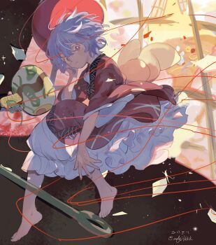 1girl barefoot blush bowl bowl_hat dated expressionless fingernails frilled_kimono frills full_body hair_between_eyes hat highres japanese_clothes kimono looking_at_viewer miracle_mallet needle nengo parted_lips pink_eyes pink_kimono purple_hair short_hair solo string sukuna_shinmyoumaru touhou twitter_username wide_sleeves