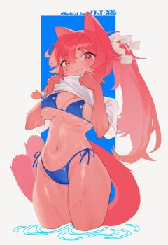 1girl absurdres animal_ears bikini blue_bikini breasts cat_ears cat_girl cat_tail closed_mouth clothes_lift colored_skin commentary cropped_legs english_commentary facial_mark fang fang_out hair_between_eyes highleg highleg_bikini highres knifecat lifting_own_clothes light_blush long_hair looking_at_viewer medium_breasts navel original pink_eyes pink_hair pink_skin ponytail shide shirt shirt_lift short_eyebrows short_sleeves side-tie_bikini_bottom sidelocks solo string_bikini swimsuit t-shirt tail thick_eyebrows twitter_username very_long_hair water_drop wet white_shirt