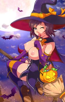 1girl boots broom candy elbow_gloves food gloves halloween hat high_heel_boots high_heels highres nipples ruby_rose rwby wink witch_hat