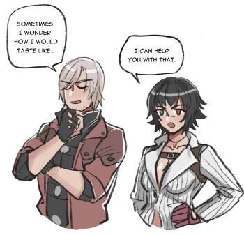 1boy 1girl black_gloves black_hair closed_eyes coat dante_(devil_may_cry) devil_may_cry devil_may_cry_(series) devil_may_cry_4 fingerless_gloves gloves green_eyes hand_on_own_chin heterochromia highres jacket jumpoon lady_(devil_may_cry) midriff_peek red_coat red_eyes red_gloves simple_background speech_bubble white_background white_hair white_jacket