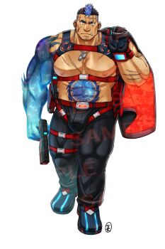 1boy abs bara bare_pectorals beard_stubble belt blue_hair bulge bulge_lift chest_harness cross_scar dog_tags ei_(marutendon) facial_hair facial_scar full_body glowing_skin gradient_skin gun hairy harness highres holding holding_gun holding_weapon huge_pectorals live_a_hero looking_at_viewer male_focus mature_male merchandise_available multicolored_hair multiple_belts muscular muscular_legs muscular_male nipples pectorals scar scar_on_cheek scar_on_face scar_on_forehead short_hair solo sparse_arm_hair sparse_chest_hair strongman_waist stubble thick_eyebrows thighs tusks two-tone_hair undercut walking weapon white_background yoshiori_(live_a_hero)