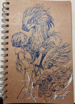 Rule 34 | 1girl, coat, commentary, english commentary, fur-trimmed coat, fur trim, gloves, highres, link! like! love live!, long hair, love live!, low twintails, monochrome, monster, monster hunter (series), monster hunter wilds, murano sayaka, pen (medium), photo (medium), seikret (monster hunter), short sleeves, traditional media, twintails, virtual youtuber, yrxy settingsun