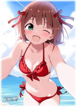 1girl ;d absurdres amami_haruka aqua_eyes bare_arms bikini blue_sky blush breasts brown_hair cleavage cloud collarbone commission day frilled_bikini frills highres himura_moritaka idolmaster idolmaster_(classic) looking_at_viewer medium_hair navel ocean one_eye_closed open_mouth outdoors outstretched_arms pixiv_commission pov red_bikini signature sky small_breasts smile solo standing sunlight swimsuit