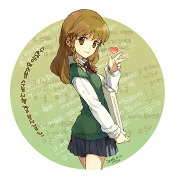 1girl 2006 archived_source artist_name bad_link black_skirt book bow bowtie braid breasts brown_eyes brown_hair circle closed_mouth collared_shirt cowboy_shot dated etolie_granche green_sweater_vest heart holding holding_book korean_text long_hair long_sleeves looking_at_viewer original platonic_supernova pleated_skirt red_bow red_bowtie school_uniform shirt single_braid skirt sleeve_cuffs small_breasts smile solo sweater_vest tiv translation_request undershirt w white_shirt white_sleeves wing_collar