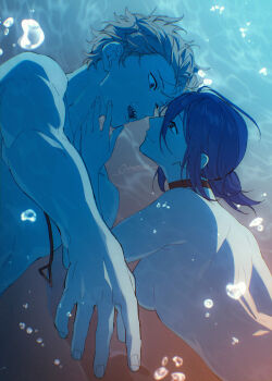 1boy 1girl air_bubble black_choker blonde_hair breasts bubble chainsaw_man choker commentary_request completely_nude convenient_censoring denji_(chainsaw_man) eye_contact fingernails hetero highres light_blush looking_at_another nude onimoti purple_hair reze_(chainsaw_man) sharp_teeth short_hair signature submerged teeth underwater