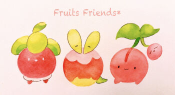 applin bounsweet cherubi closed_mouth commentary commentary_request english_commentary gen_4_pokemon gen_7_pokemon gen_8_pokemon happy highres nintendo no_humans painting_(medium) pokemon pokemon_(creature) simple_background smile solid_oval_eyes traditional_media watercolor_(medium) white_background white_eyes yukichi_0611