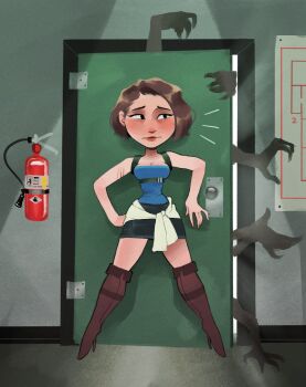 Rule 34 | 1girl, black skirt, blue tube top, boots, brown boots, brown hair, clothes around waist, deformed, door, fire extinguisher, highres, jill valentine, milkghost, miniskirt, resident evil, resident evil 3: nemesis, skirt, strapless, sweater, sweater around waist, tube top, zombie