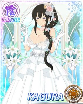 Rule 34 | 1girl, alternate hairstyle, arms up, black eyes, black hair, blue flower, blue pupils, blue rose, border, breasts, bride, card (medium), character name, choker, cleavage, day, dress, flower, flower-shaped pupils, game cg, gloves, hair flower, hair ornament, hair over shoulder, kagura (senran kagura), large breasts, long hair, looking at viewer, official art, pink flower, pink rose, ponytail, rose, senran kagura, senran kagura new wave, smile, solo, strapless, strapless dress, symbol-shaped pupils, third-party source, very long hair, wedding, wedding dress, white dress, white flower, white gloves