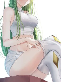 1girl bare_arms bare_shoulders boots breasts budgiepon c.c. code_geass cropped_shirt crossed_legs finger_under_clothes green_hair head_out_of_frame highres long_hair medium_breasts midriff navel parted_lips shirt short_shorts shorts sitting sleeveless sleeveless_turtleneck solo stomach taut_clothes taut_shirt thigh_boots thighhighs thighs turtleneck very_long_hair white_background white_boots white_shorts