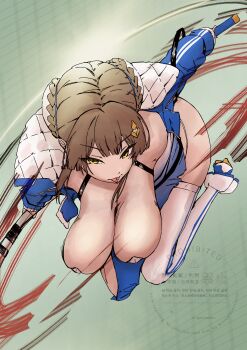 Rule 34 | 1girl, absurdres, bare shoulders, blue dress, blue jacket, blush, braid, braided bun, breasts, brown hair, bun cover, chaos zero nightmare, commentary request, cropped jacket, double bun, dress, eyeliner, gradient clothes, gradient dress, hair bun, hair ornament, highres, ieiiei (vzhf8557), jacket, large breasts, makeup, off shoulder, open clothes, open jacket, panty straps, piercing, red eyeliner, short hair with long locks, single thighhigh, skindentation, solo, strapless, strapless dress, sword, thighhighs, thighs, tongue, tongue out, tongue piercing, weapon, yellow eyes, yuki (chaos zero nightmare)