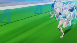 animal_ears animated anime_screenshot announcer audience aura black_hair boots dark_aura dress gloves hat horse_ears long_hair mejiro_mcqueen_(umamusume) mini_hat mini_top_hat multiple_boys multiple_girls outdoors racetrack rice_shower_(umamusume) running silver_hair sound subtitled tokai_teio_(umamusume) top_hat umamusume video
