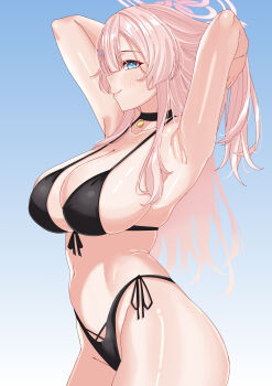 Rule 34 | 1girl, absurdres, armpits, arms behind head, bare arms, bare shoulders, bikini, black bikini, black choker, blue archive, blue background, blue eyes, blush, breasts, choker, closed mouth, collarbone, commentary, cosplay, cowboy shot, cross-laced bikini, cross-laced clothes, from side, front-tie bikini top, front-tie top, gradient background, groin, hair between eyes, hair lift, halo, halterneck, hasumi (blue archive), hasumi (blue archive) (cosplay), hasumi (swimsuit) (blue archive), highleg, highleg bikini, highres, large breasts, long hair, looking at viewer, looking to the side, mimori (blue archive), navel, pendant choker, pink hair, pink halo, profile, rynn (darknescorez), side-tie bikini bottom, sidelocks, sideways glance, smile, solo, standing, stomach, string bikini, swimsuit, white background